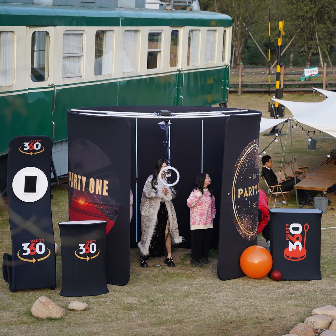 Outdoor 360 Photo Booth with Vintage Train Backdrop